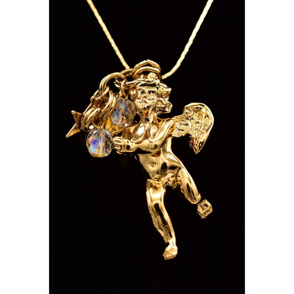Vintage Kirks Folly Angel Pendant Necklace Gold AB Crystal Rhinestone 80s Bin3D